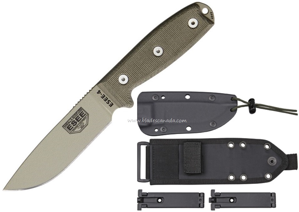 ESEE 4P-MB-DT Fixed Blade Knife, 1095 Carbon Desert Tan, Micarta, Green Sheath MOLLE, 4P-MB-DT