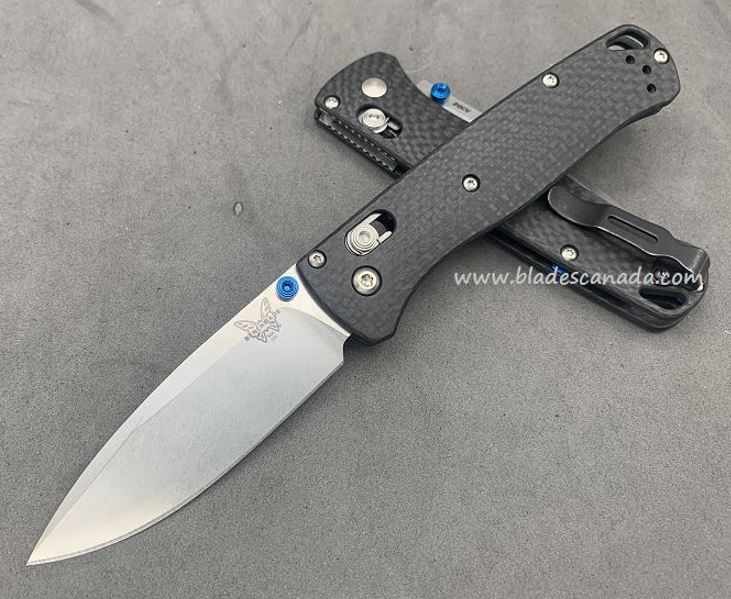 Benchmade Bugout Customized Folding Knife, 20CV, Carbon Fiber, Blue Thumbstud, 535CU211