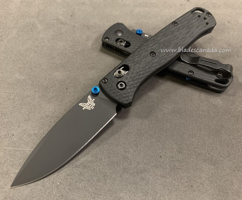 Benchmade Bugout Folding Knife, M4 Steel, Black G10, Blue Thumbstud & Standoffs, 535CU130