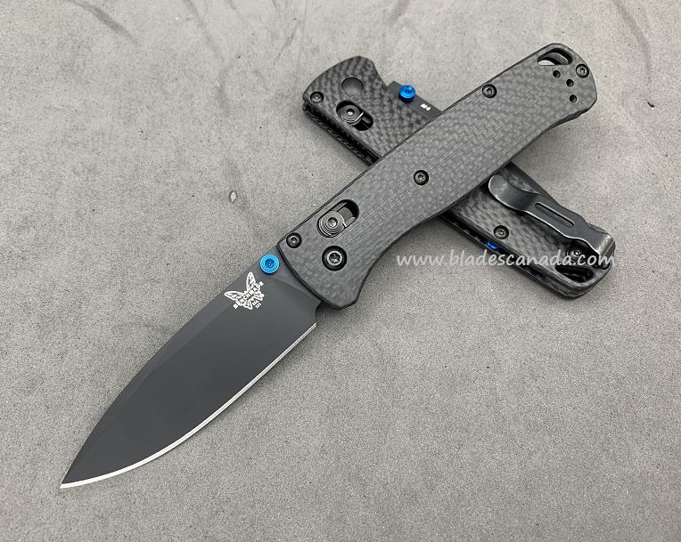 Benchmade Bugout Customized Folding Knife, M4 Black, Carbon Fiber, Blue Thumbstud, 535CU204