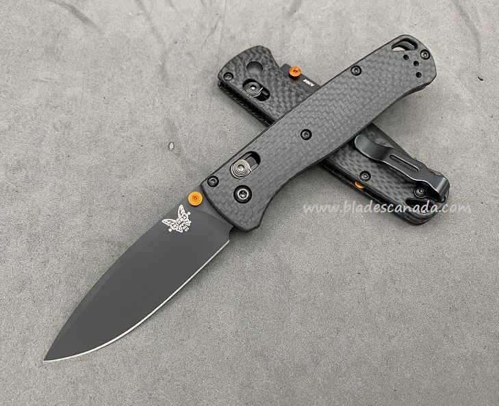 Benchmade Bugout Customized Folding Knife, 20CV Black, Carbon Fiber, Orange Thumbstud, 535CU210