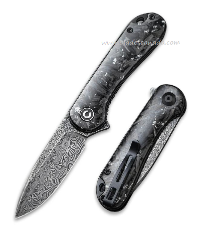 CIVIVI Elementum Flipper Folding Knife, Damascus, Shred Carbon Fiber w/Silvery Flakes, 907C-DS2