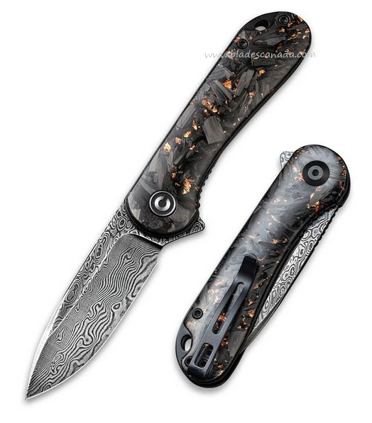 CIVIVI Elementum Flipper Folding Knife, Damascus, Shred Carbon Fiber w/Copper Flakes, 907C-DS3