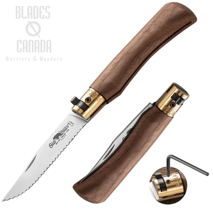 Antonini Old Bear Medium Folding Knife, 1.4060 Stainless Serrated, Walnut Handle, 933719LN