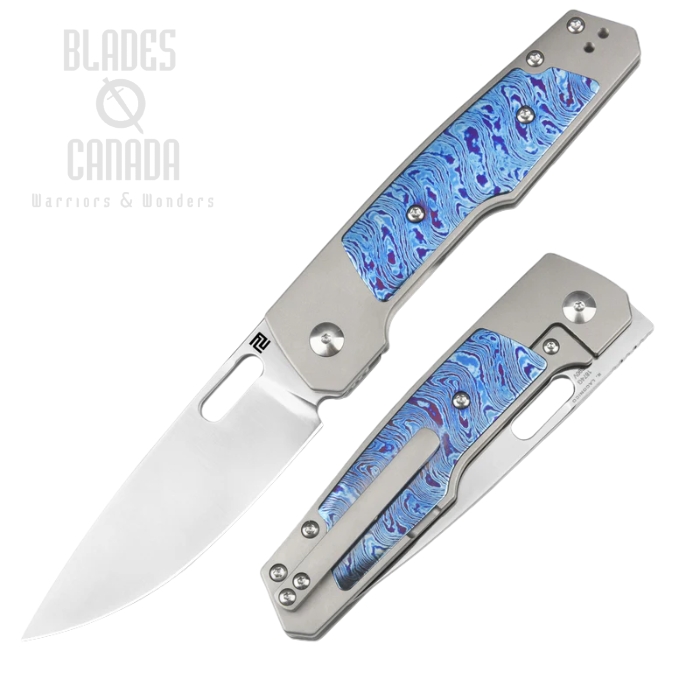 Artisan Cutlery The Queen's Gambit Frame Lock Folding Knife, S90V Sand Polish, Titanium Gray w/Damascus Inlay, 1874G-GYTD