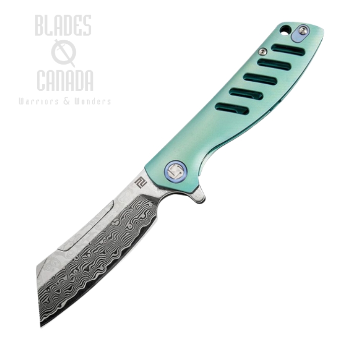 Artisan Cutlery Tomahawk Flipper Framelock Knife, Damascus, Titanium Green, ATZ1815GDGN