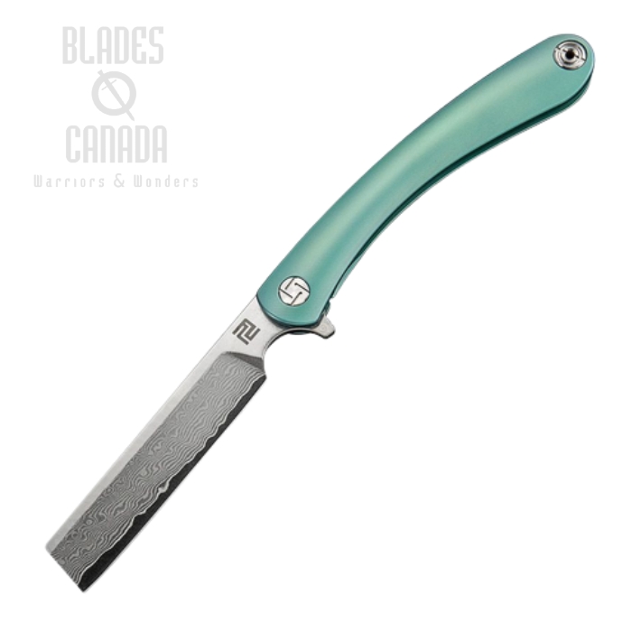 Artisan Cutlery Orthodox Flipper Framelock Knife, Damascus, Titanium Green, 1817G-DGN