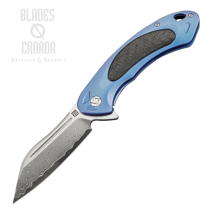 Artisan Cutlery Flipper Folding Knife, Damascus, Titanium Blue/CF, 1818GDBU