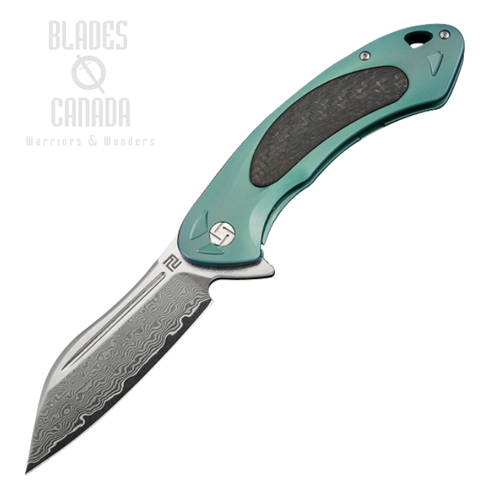 Artisan Cutlery Flipper Folding Knife, Damascus, Titanium Green/CF, 1818GDGN
