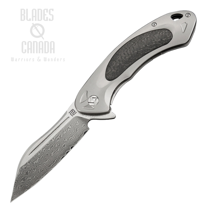 Artisan Cutlery Eterno Flipper Framelock Knife, Damascus, Titanium Grey/CF, 1818GD-GY