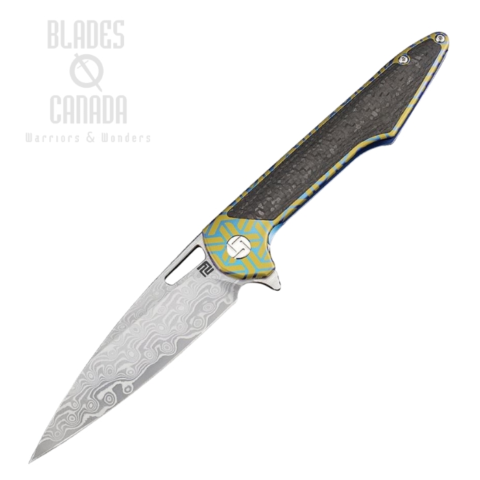 Artisan Cutlery Archaeo Flipper Framelock Knife, Damascus, Titanium/CF, 1821GDBU02