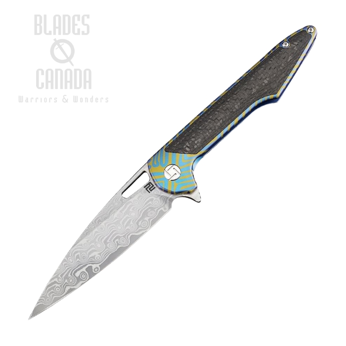 Artisan Cutlery Archaeo Flipper Framelock Knife, Damascus, Titanium/Carbon Fiber, 1821GDBU03