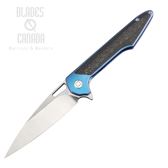 Artisan Cutlery Small Archaeo Flipper Framelock Knife, M390, Titanium Blue/CF, 1821GSBUM