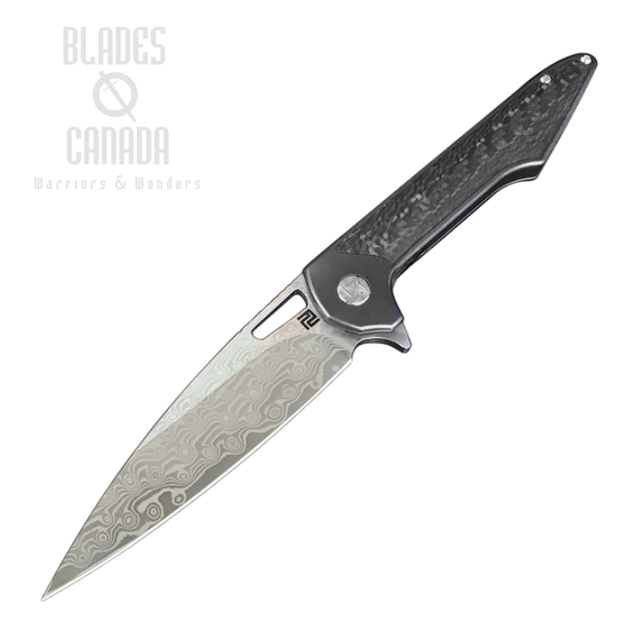 Artisan Cutlery Small Archaeo Flipper Folding Knife, Damascus, Titanium/CF, 1821GSDBK