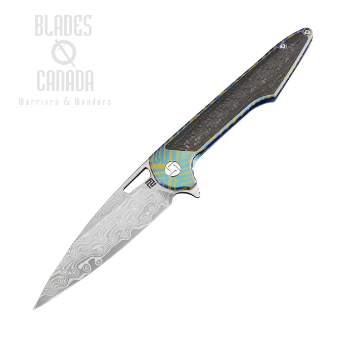Artisan Cutlery Archaeo Flipper Framelock Knife, Damascus, Titanium/CF, 1821GSDBU03