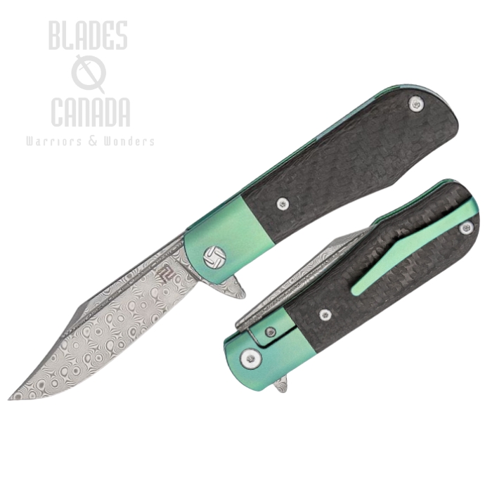 Artisan Cutlery Small Hyperion Flipper Folding Knife, Damascus, Carbon Fiber/Titanium Green, 1834GSDGN