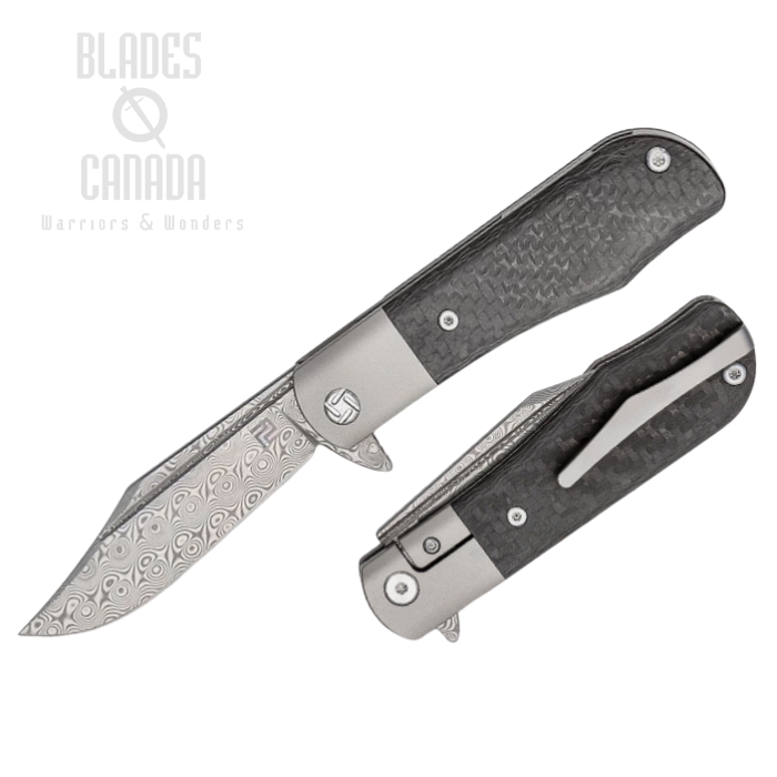 Artisan Cutlery Small Hyperion Flipper Folding Knife, Damascus, Carbon Fiber/Titanium, 1834GSDGY