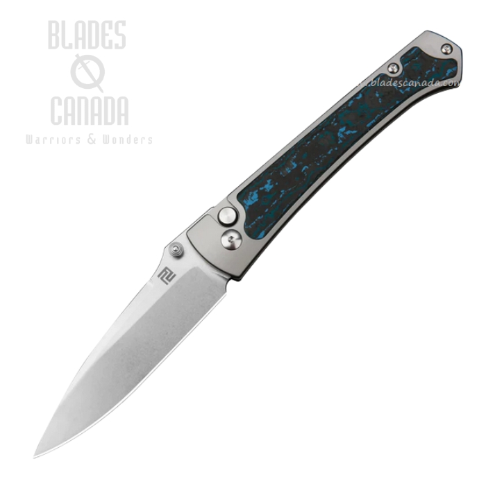 Artisan Cutlery Andromeda Button Lock Knife, Ltd Edition, M390, Titanium/CF Blue & Black, 1856G-FCG