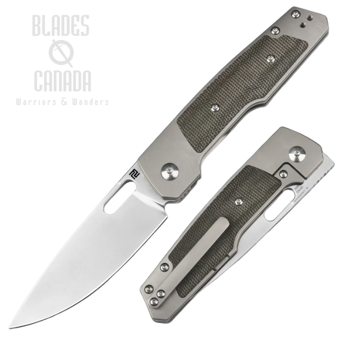 Artisan Cutlery The Gambit Rugged Rook Frame Lock Folding Knife, S90V Sand Polish, Titanium w/Micarta Inlay Green, ,1874G-ODG