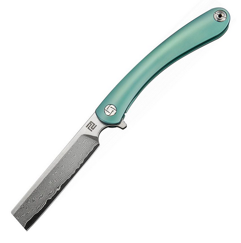 Artisan Cutlery Orthodox Flipper Framelock Knife, Damascus, Titanium Green, 1817GDGN