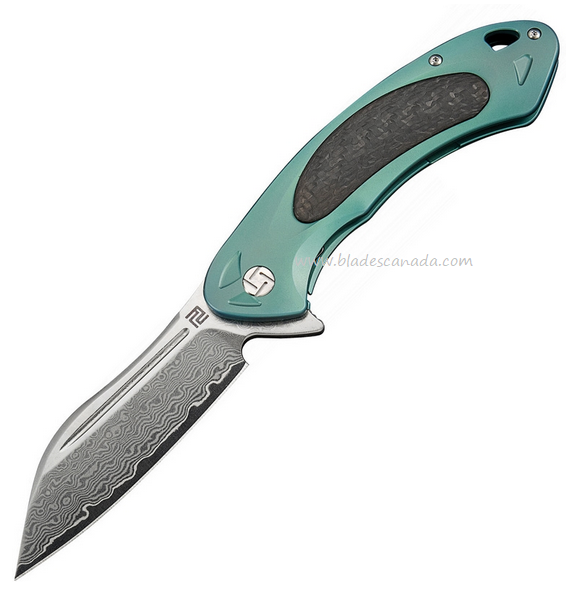 Artisan Cutlery Flipper Folding Knife, Damascus, Titanium Green/CF, 1818GDGN