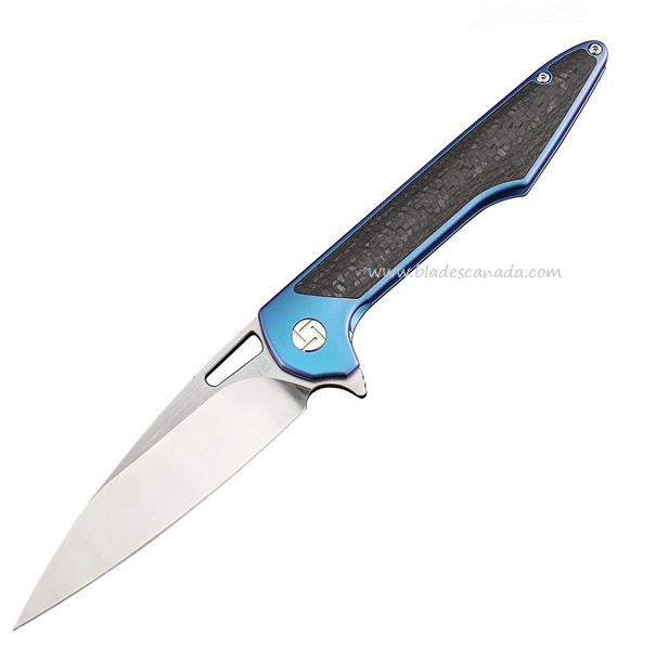 Artisan Cutlery Small Archaeo Flipper Framelock Knife, M390, Titanium Blue/CF, 1821GSBUM