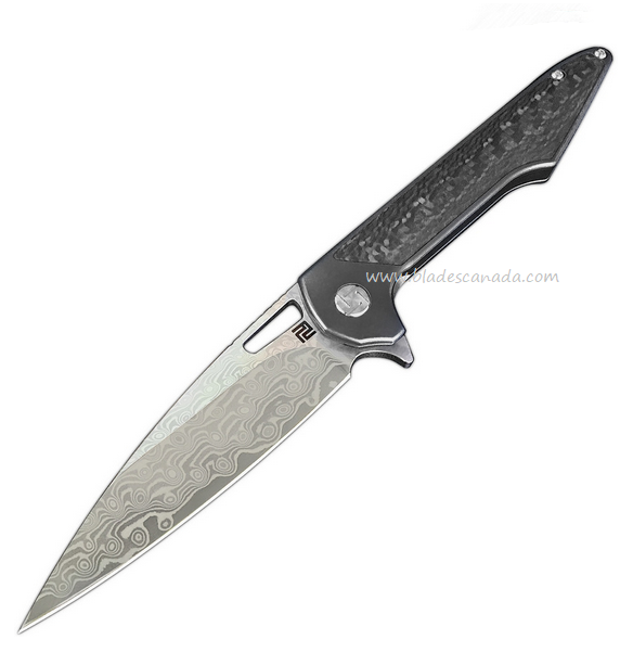 Artisan Cutlery Small Archaeo Flipper Folding Knife, Damascus, Titanium/CF, 1821GSDBK