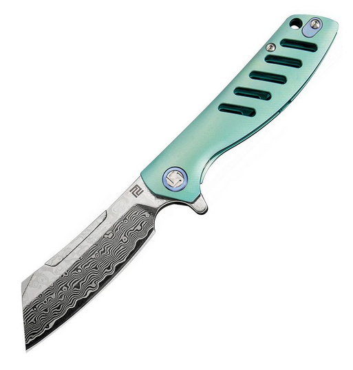 Artisan Cutlery Tomahawk Flipper Framelock Knife, Damascus, Titanium Green, ATZ1815GDGN