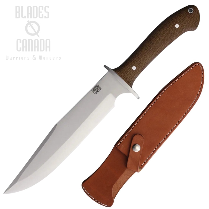 Bark River Highwayman IV Fixed Blade Knife, CPM-154CM Satin, Micarta Brown, Leather Sheath, 08312GFB