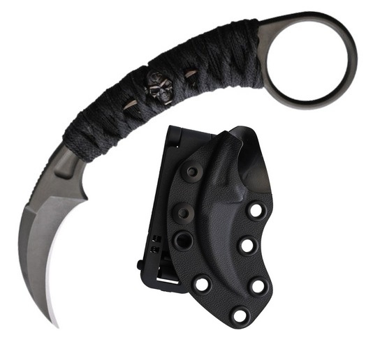 Bastinelli Creations PiKa Karambit Knife, N690 Black, Cord Wrapped Menuki, Kydex Sheath, BC-12BM