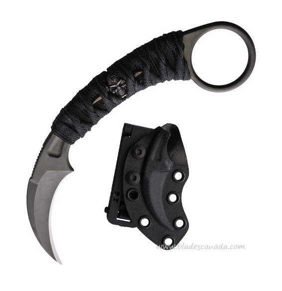 Bastinelli Creations PiKa Karambit Knife, N690 Black, Cord Wrapped Menuki, Kydex Sheath, BAS202BM