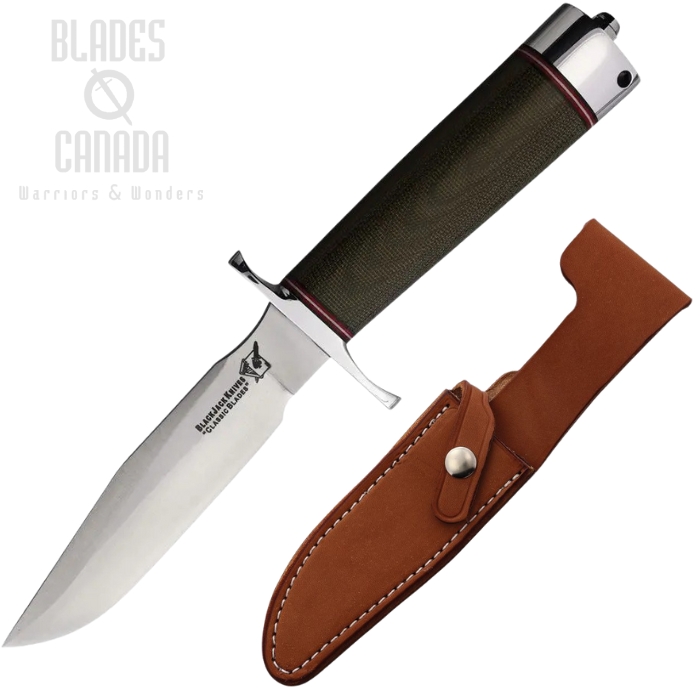Blackjack Classic Model 5 Fixed Blade Knife, A2 Satin, Micarta Green, Leather Sheath, BCB5GM