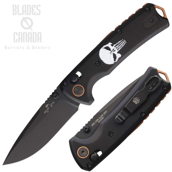 (image for) Bear & Son Nekama II Slide Lock Folding Knife, 14C28N Black, Aluminum Black w/Skull Art, UMC1100ALBK-BSK