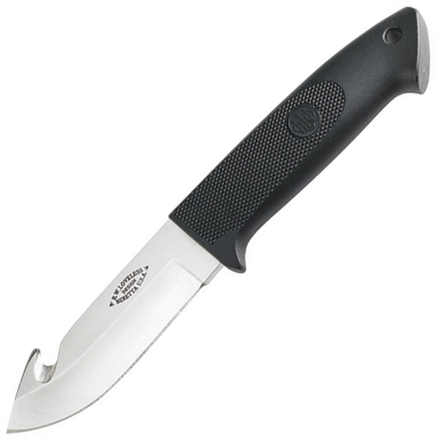 Beretta Loveless Fixed Blade Knife, Stainless Drop Point, Gut Hook, Leather Sheath, BE75991