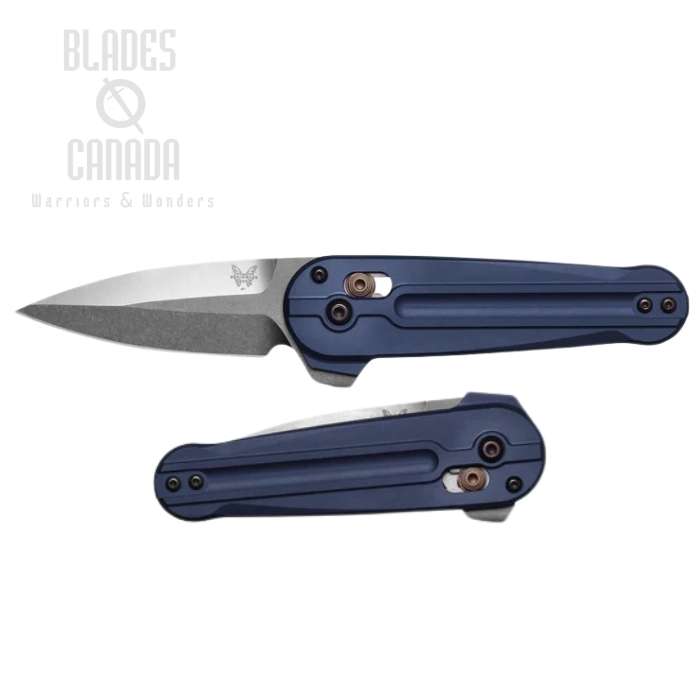 Benchmade Lowden Axis Lock Flipper Folding Knife, M390 Satin, Aluminum Crater Blue, 491