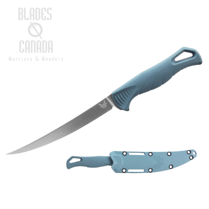 (image for) Benchmade Fishcrafter Fixed Knife, 5" MagnaCut Satin, Santoprene Depth Blue, Molded Sheath, 18030
