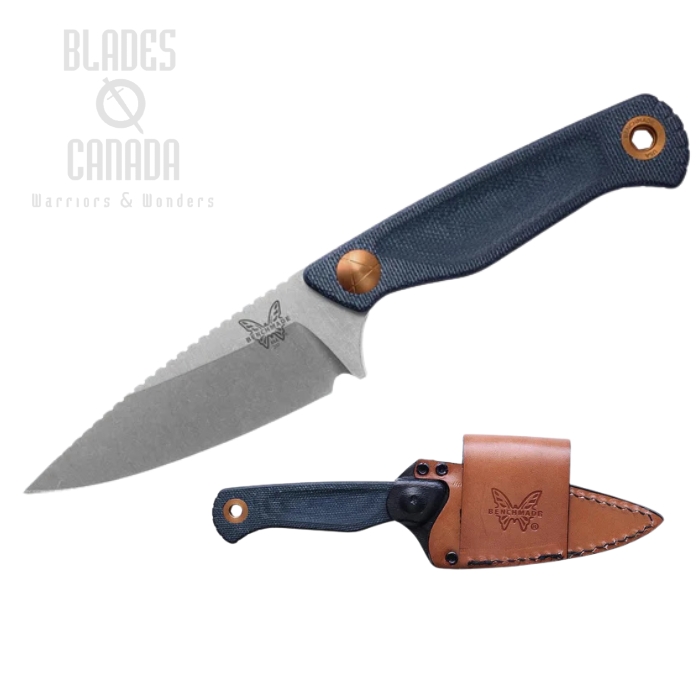 Benchmade Dacian Fixed Blade Knife, Magnacut SW Polish, Micarta Blue Denim, Leather Sheath, 203-04
