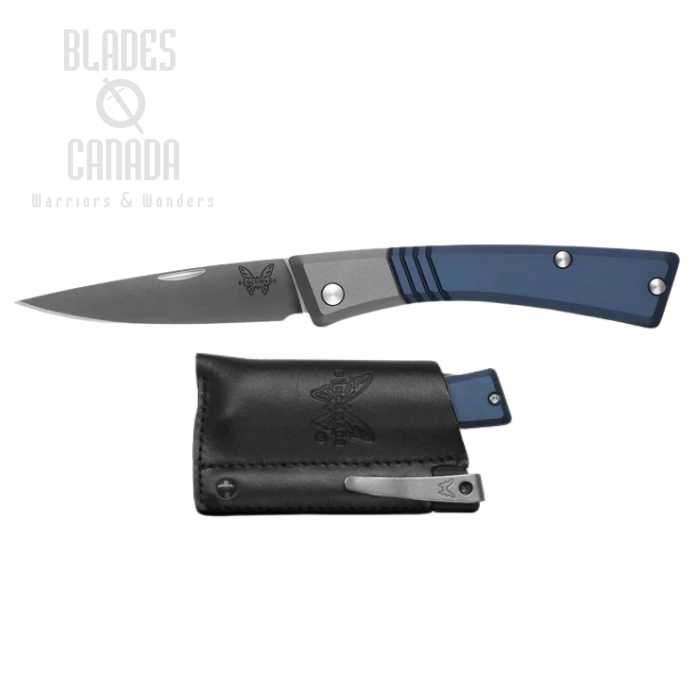 Benchmade Successor Slipjoint Folding Knife, M390 Satin, Aluminum Ash Gray/Crater Blue, Leather Sheath, 315