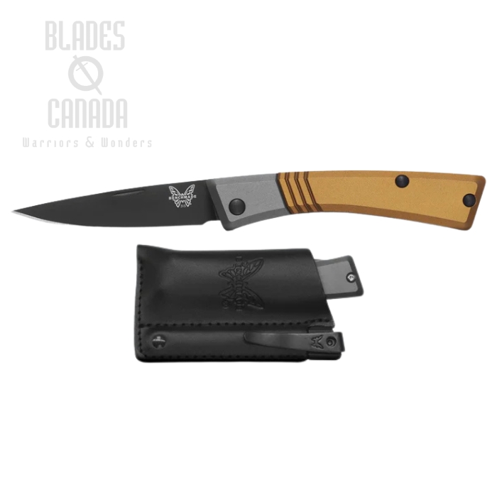 Benchmade Successor Slipjoint Folding Knife, M390 Black Cerakote, Aluminum Ash Gray/Burnt Brass, Leather Sheath, 315BK-01