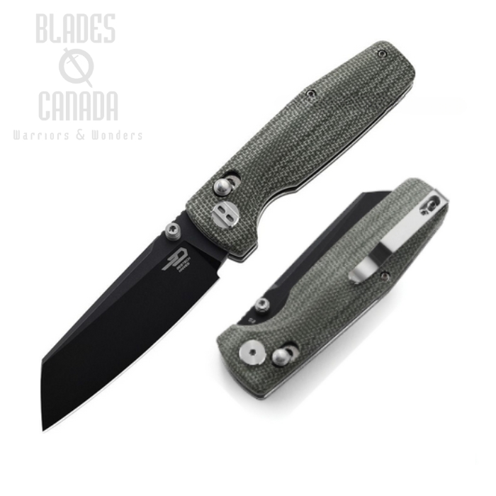 Bestech Slasher Folding Knife, D2 Black SW, Micarta Green, BG43B-2