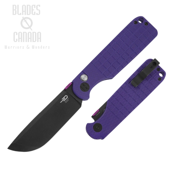 Bestech Glok Button Lock Folding Knife, 14C28N Black SW, G10 Purple, BG55D