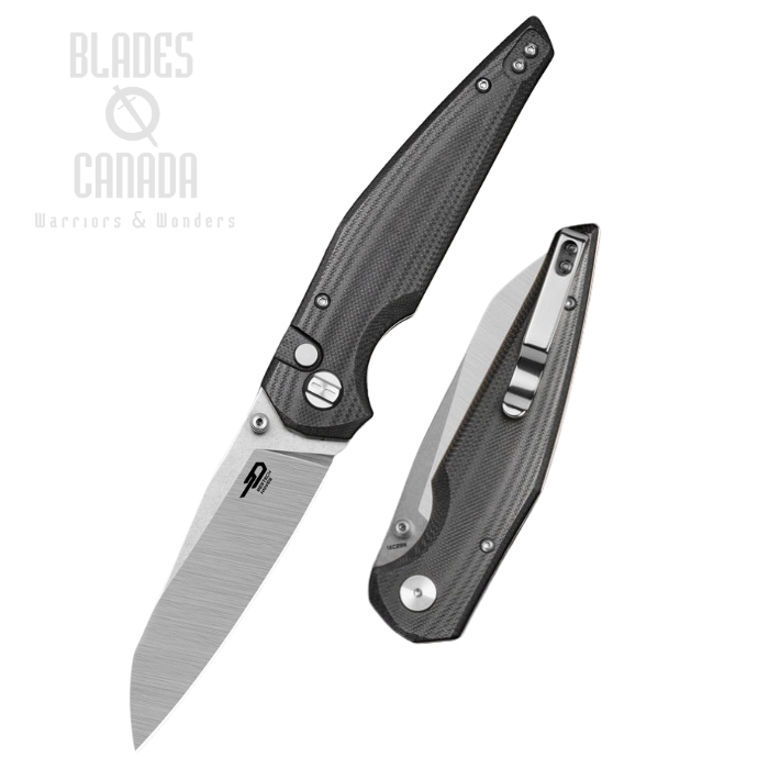 Bestech Snakebird Button Lock Folding Knife, 14C28N Satin/SW, G10 Black, BG58C