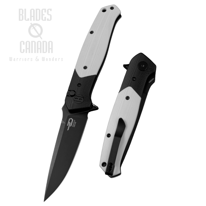 Bestech Swordfish Flipper Button Lock Folding Knife, 14C28N Black, G10 Black/White, BG62A