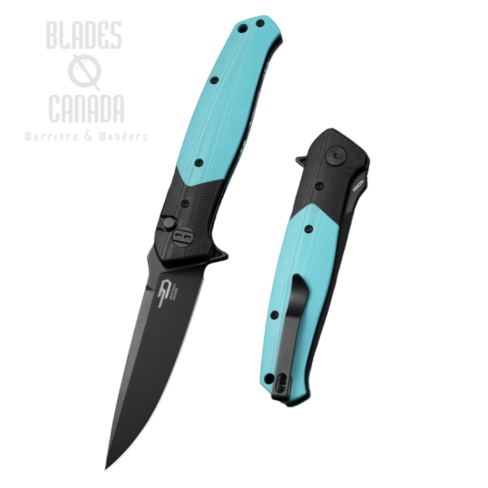 (image for) Bestech Swordfish Flipper Button Lock Folding, 14C28N Black, G10 Black/Light Blue, BG62E