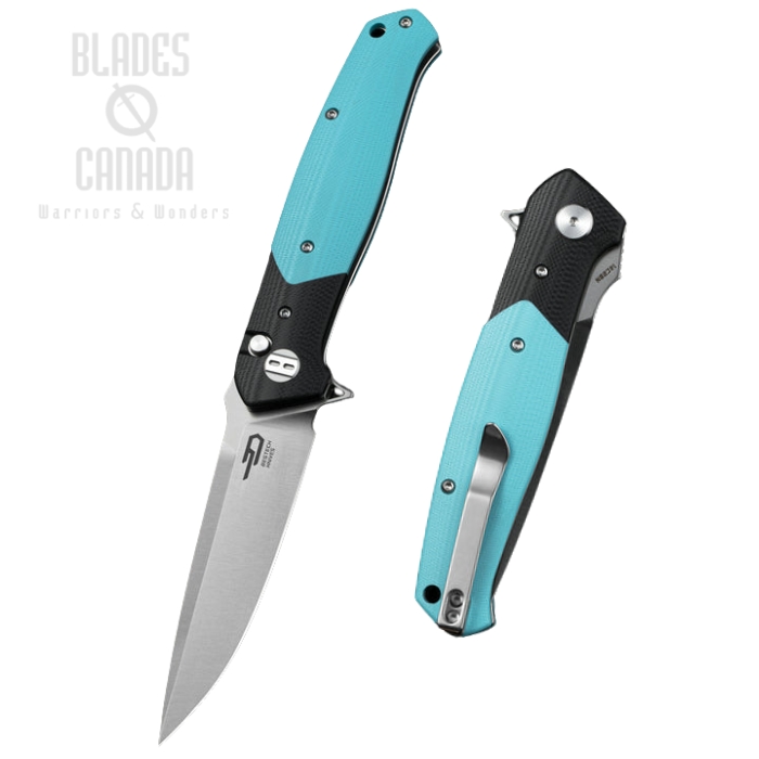 (image for) Bestech Swordfish Flipper Button Lock Folding, 14C28N Satin, G10 Black/Light Blue, BG62F