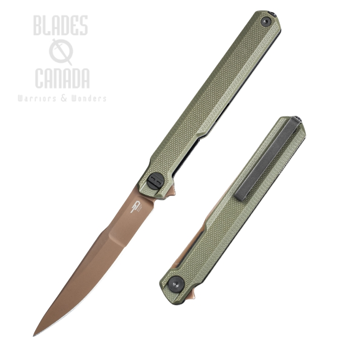 (image for) Bestech Duoz Flipper Folding Knife, 14C28N Gold PVD, G10 OD Green, BG65F
