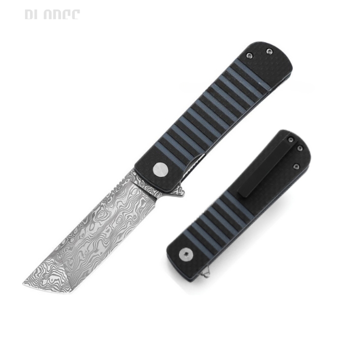 Bestech Titan Flipper Folding Knife, Damascus, Carbon Fiber/G10 Blue, BL05A