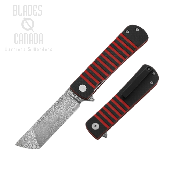 Bestech Titan Flipper Folding Knife, Damascus, Carbon Fiber/G10 Red, BL05B
