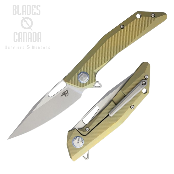 Bestech Shrapnel Flipper Framelock Knife, S35VN Two-Tone, Titanium Gold, BT1802D