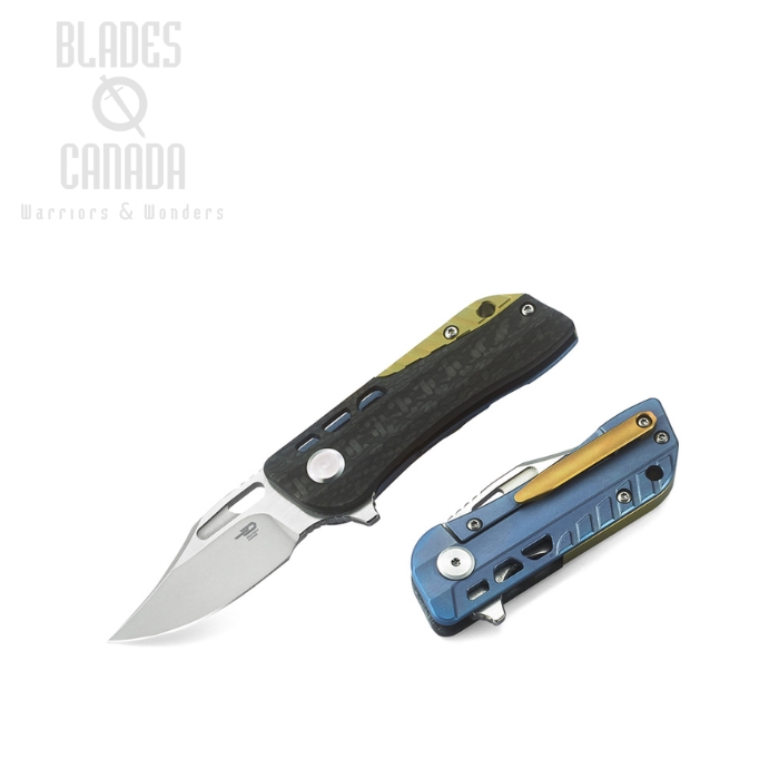 Bestech Engine Bowie Flipper Framelock Knife, S35VN Two-Tone, Titanium Blue/CF, BT1806B